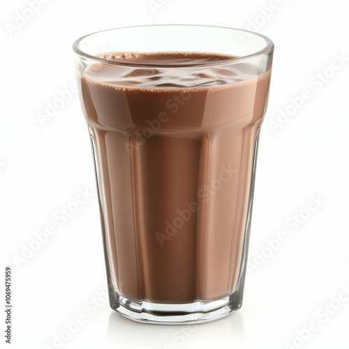 A glass of rich chocolate milk, isolated on a white background, showcasing a sweet and creamy drink