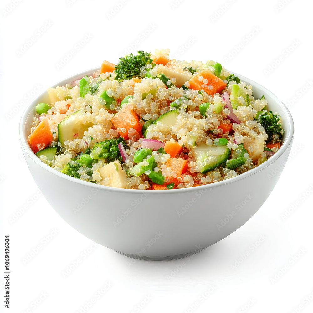 A bowl of quinoa salad with fresh vegetables, isolated on a white background, showcasing a healthy dish A bowl of quinoa salad with fresh vegetables, isolated on a white background, showcasing a healthy dish