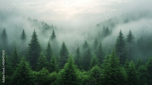 Misty forest with evergreen trees in dense fog, serene landscape. Nature and tranquility concept