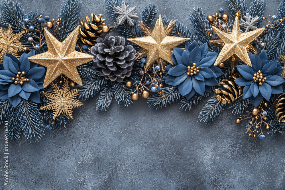 Elegant Christmas Holiday Background with Gold and Blue Ornaments, Pine Cones, and Glittering Stars on a Festive Greenery Display for Seasonal Decor, Invitations, and Social Media Graphics Elegant Christmas Holiday Background with Gold and Blue Ornaments, Pine Cones, and Glittering Stars on a Festive Greenery Display for Seasonal Decor, Invitations, and Social Media Graphics