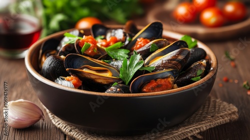 Delicious mussels marinara with garlic, tomatoes, white wine, and fresh parsley in a bowl