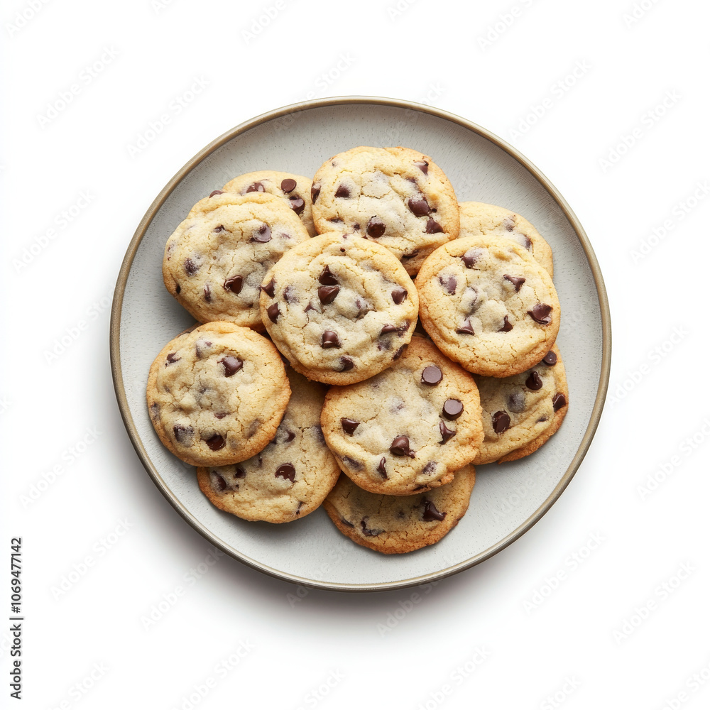 A plate of soft chocolate chip cookies, isolated on a white background, showcasing a popular treat A plate of soft chocolate chip cookies, isolated on a white background, showcasing a popular treat
