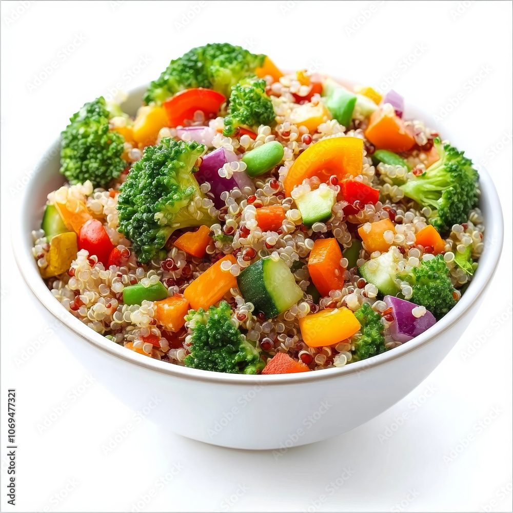 A bowl of quinoa salad with fresh vegetables, isolated on a white background, showcasing a healthy dish A bowl of quinoa salad with fresh vegetables, isolated on a white background, showcasing a healthy dish