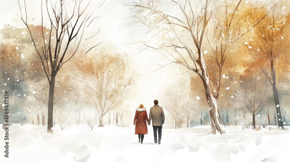 Two people walking hand in hand through a snowy park surrounded by tall trees, capturing a peaceful winter scene in watercolor style Two people walking hand in hand through a snowy park surrounded by tall trees, capturing a peaceful winter scene in watercolor style