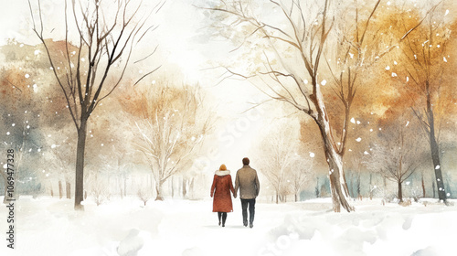 Two people walking hand in hand through a snowy park surrounded by tall trees, capturing a peaceful winter scene in watercolor style