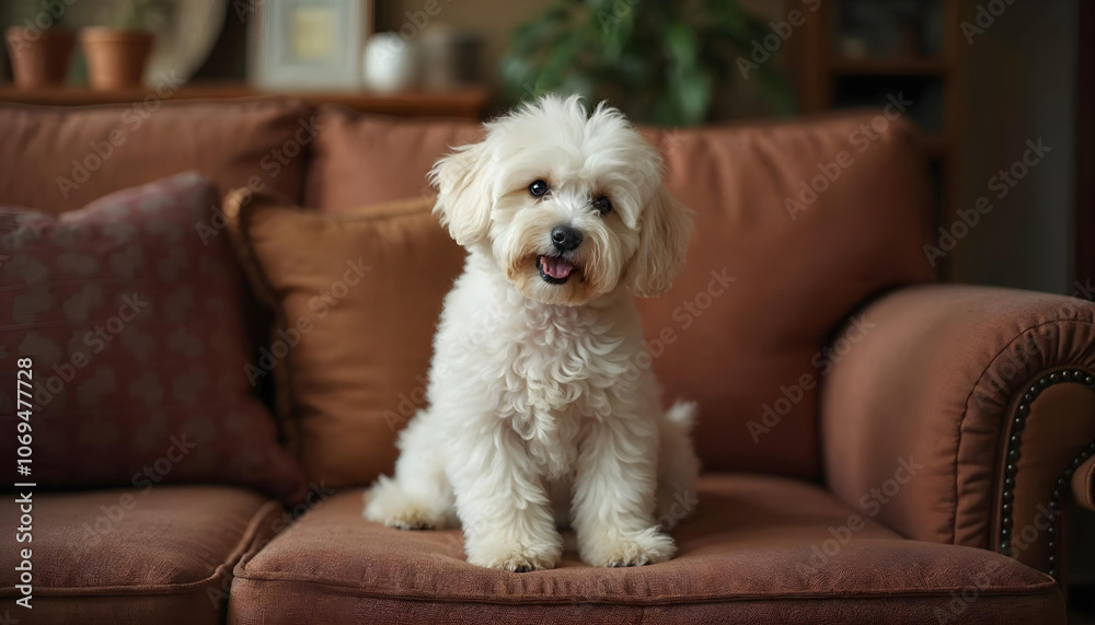 Cute Bichon Frise on a sofa in a living room