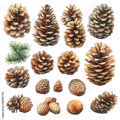 A Collection of Pine Cones: Detailed Watercolor Illustration of Conifer Cones