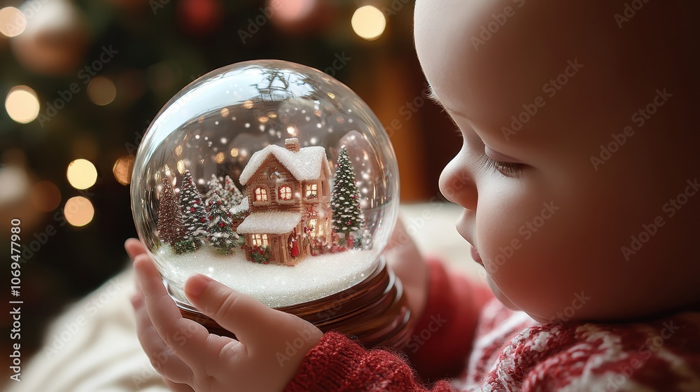 Naklejka premium Captivating Snow Globe with Baby s First Christmas Delight