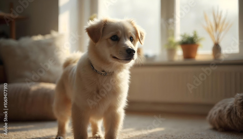 Kishu Ken dog in a minimal cozy living room photo