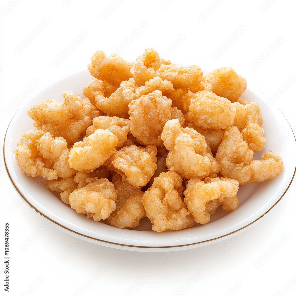 A plate of golden fried calamari, isolated on a white background, emphasizing a popular appetizer A plate of golden fried calamari, isolated on a white background, emphasizing a popular appetizer