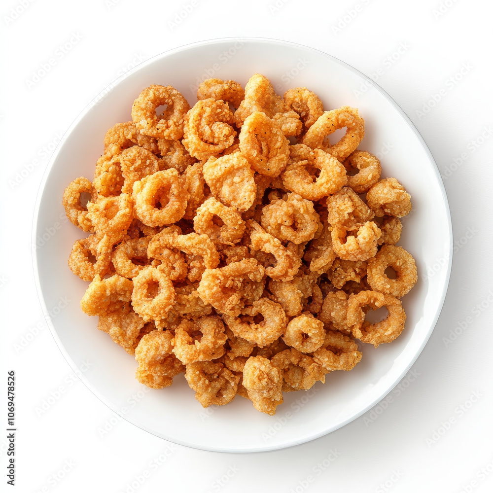 A plate of fried calamari, isolated on a white background, highlighting a crispy seafood snack