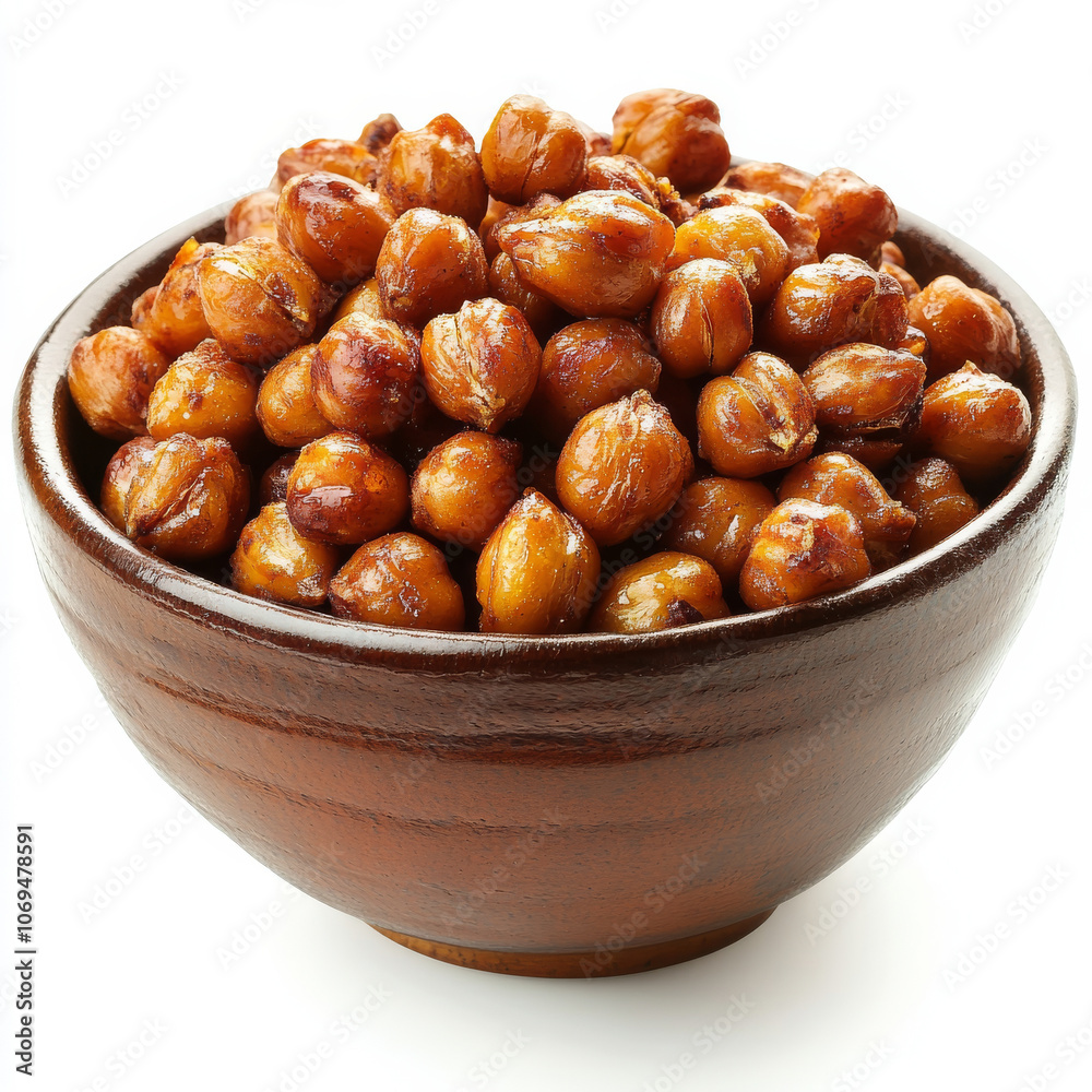 A bowl of roasted chickpeas, isolated on a white background, emphasizing a crunchy and healthy snack A bowl of roasted chickpeas, isolated on a white background, emphasizing a crunchy and healthy snack
