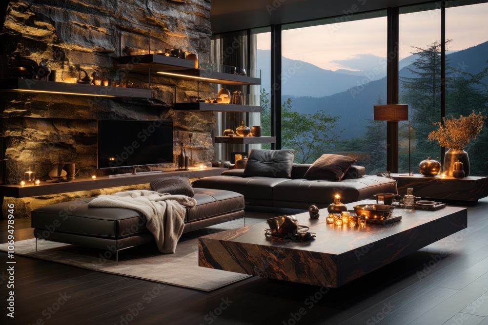 Modern living room interior with large windows overlooking a mountain landscape. The room features a large leather sofa, a coffee table, and a stone wall with shelves. Modern living room interior with large windows overlooking a mountain landscape. The room features a large leather sofa, a coffee table, and a stone wall with shelves.