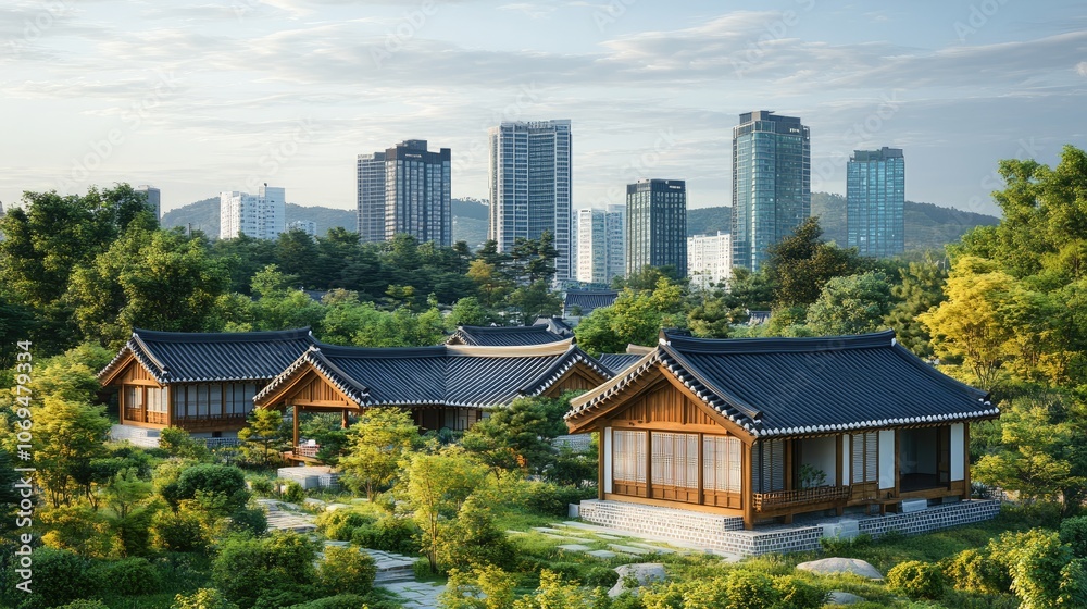 Traditional Korean Hanok Houses with City Skyline Traditional Korean Hanok Houses with City Skyline