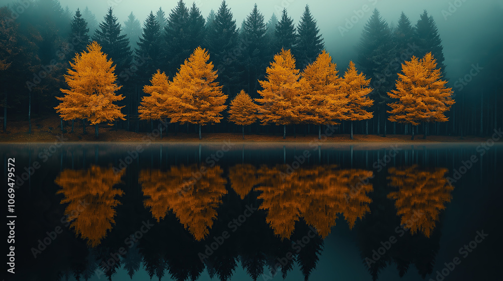 Obraz premium A row of trees with yellow leaves stands on the shore of an artificial lake, their reflections in the water, with a coniferous forest in the background