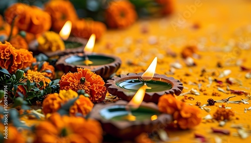 happy diwali traditional diya oil lamp with vibrant orange marigold flowers decoration festive yellow background copy space hindu culture photo