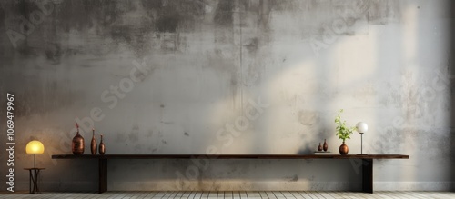 Minimalist interior design with a concrete wall, wooden shelf, and a lamp.