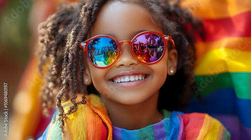 Smiling Girl in Sunglasses with Rainbow Background Photo