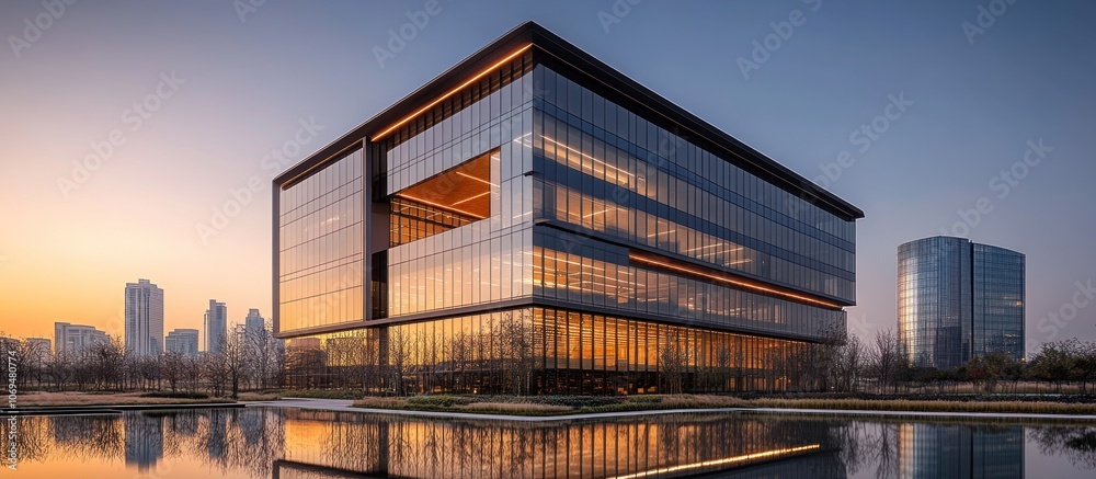 Modern corporate office building with glass facade reflecting sunset sky and pond.