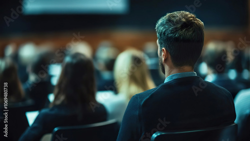 Audience engaged in a business seminar in a modern conference room