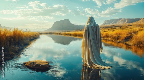 Cloaked prophet contemplating serene river landscape and majestic mountains photo