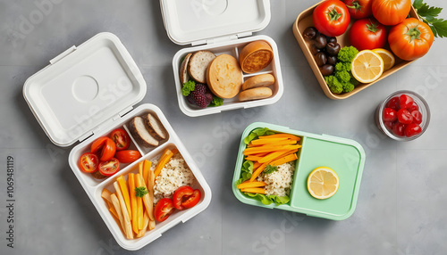 Lunchboxes on grey table, flat lay. Healthy food delivery highlighted by white, png photo