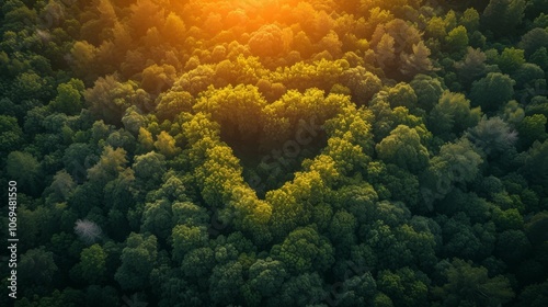 Aerial view of heart shaped forest canopy illuminated by warm glow of setting sun, representing beauty and wonder of natural formations, love of the woods photo