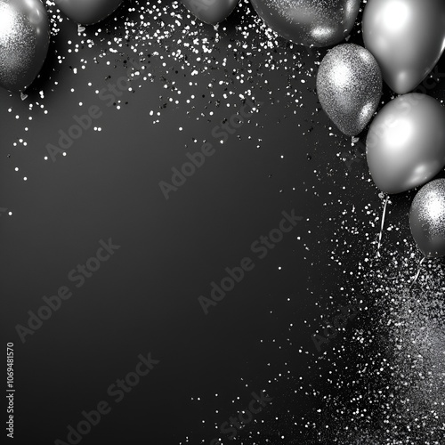 Silver Balloons with Falling Glitter on Black Background