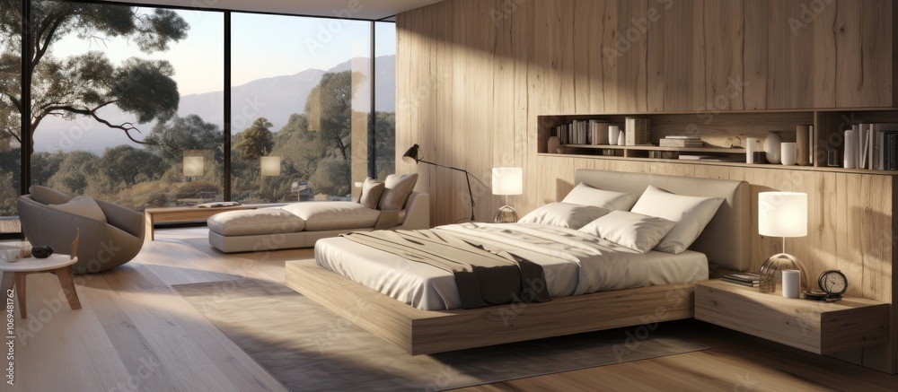 Modern bedroom with large windows overlooking a lush green forest and mountains, featuring a wooden platform bed with plush bedding and a built-in bookshelf headboard. Modern bedroom with large windows overlooking a lush green forest and mountains, featuring a wooden platform bed with plush bedding and a built-in bookshelf headboard.