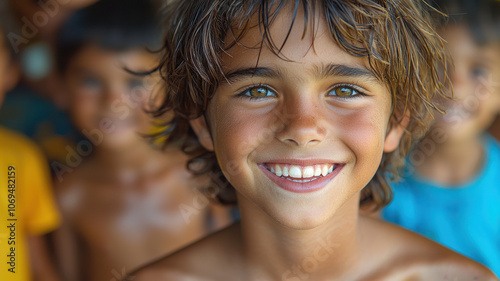 Smiling boy with brown hair, vibrant colors, and joyful expression