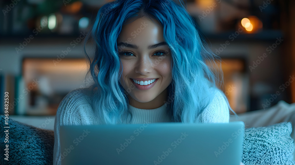 Smiling Woman with Blue Hair Using a Laptop - Photo Smiling Woman with Blue Hair Using a Laptop - Photo