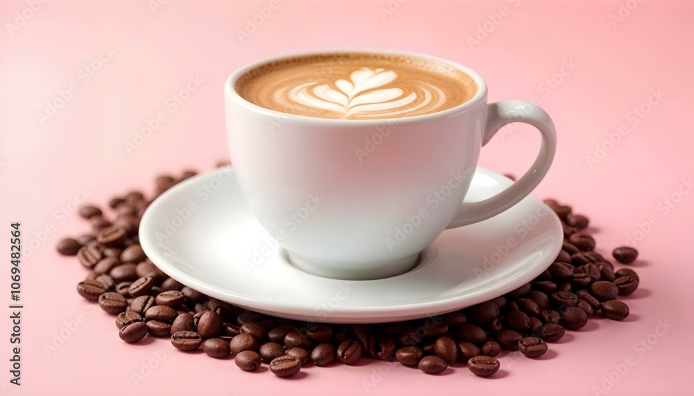 white cup of coffee with beans on pink background white cup of coffee with beans on pink background