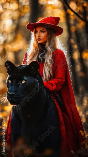 Fashion model wearing red hat and dress posing with black panther photo