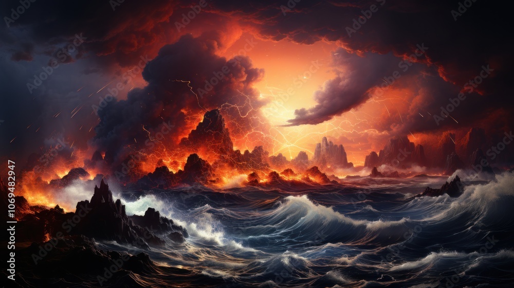 Dramatic fiery sunset over a stormy sea with rocky islands.