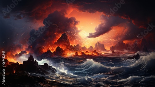 Dramatic fiery sunset over a stormy sea with rocky islands.