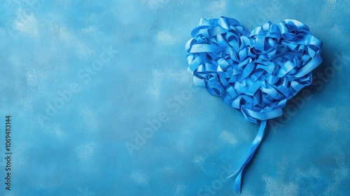 Blue ribbon heart on textured blue background photo