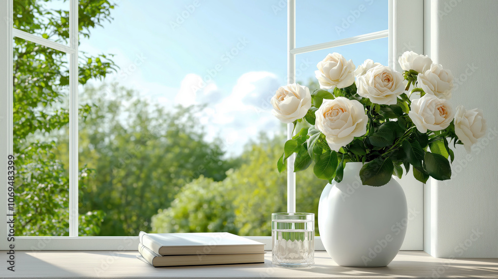 Elegant White Roses by Window, Serene Home Decor for Bright and Peaceful Interiors Elegant White Roses by Window, Serene Home Decor for Bright and Peaceful Interiors