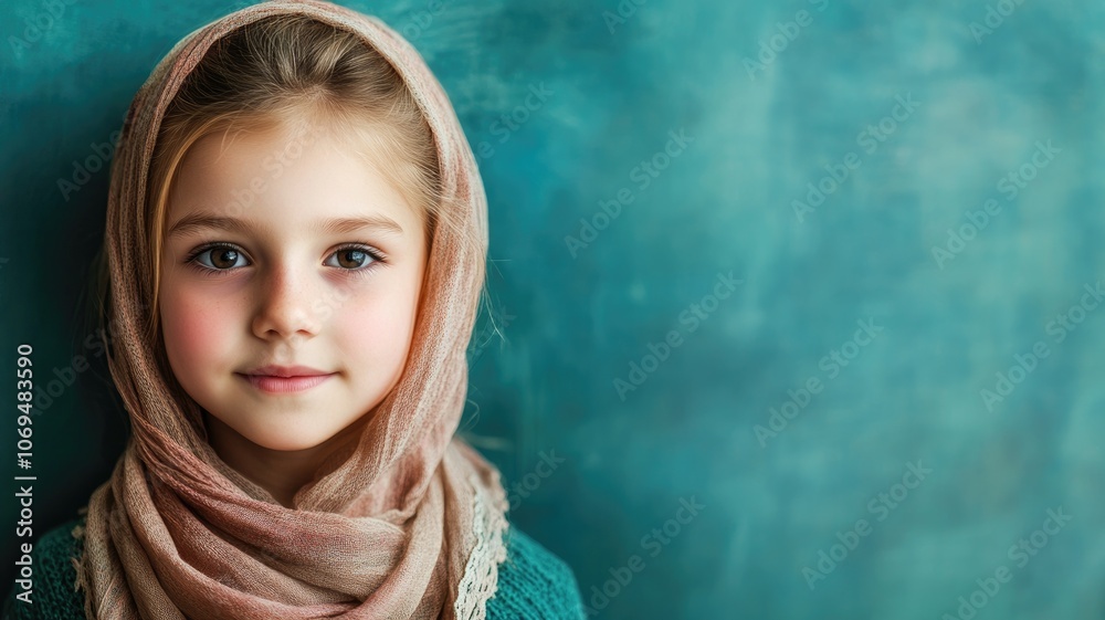 Young girl wearing scarf in front of green background Young girl wearing scarf in front of green background