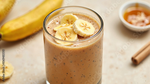 Peanut butter smoothie with banana slices in glass