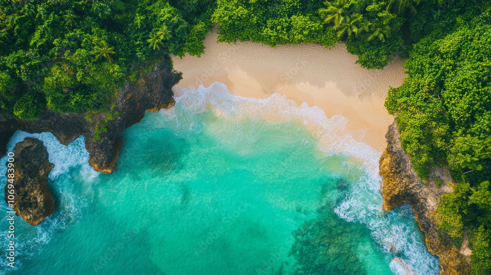 A sweeping overhead shot of a pristine beach, where clear blue waters lap at the white sandy shore, with tropical greenery and rocky outcrops adding to the natural beauty. A sweeping overhead shot of a pristine beach, where clear blue waters lap at the white sandy shore, with tropical greenery and rocky outcrops adding to the natural beauty.
