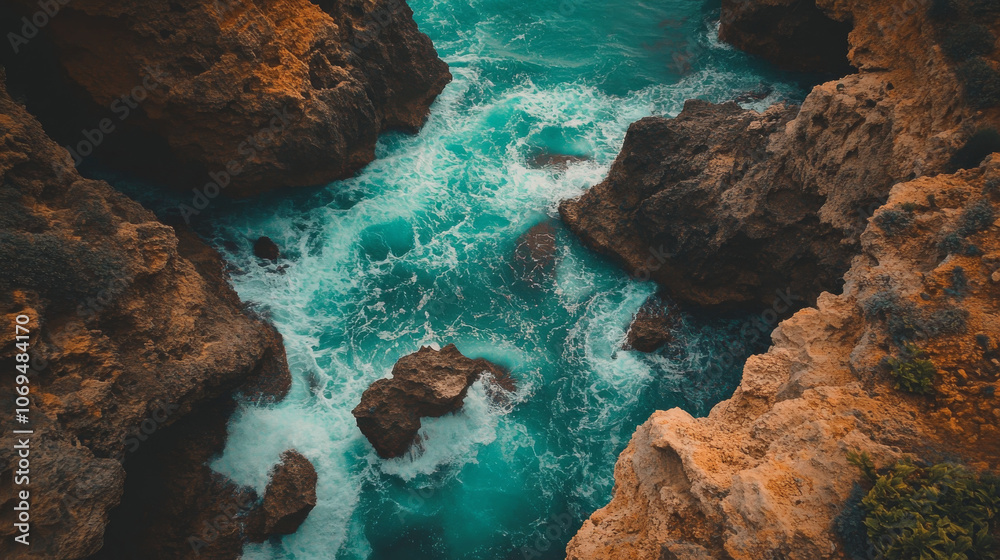 Overhead view of a dramatic coastline with jagged rocks, crashing waves, and turquoise waters revealing the underwater topography of the sea floor. Overhead view of a dramatic coastline with jagged rocks, crashing waves, and turquoise waters revealing the underwater topography of the sea floor.