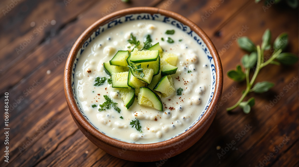 Tzatziki with cucumber in rustic bowl on wooden table Tzatziki with cucumber in rustic bowl on wooden table