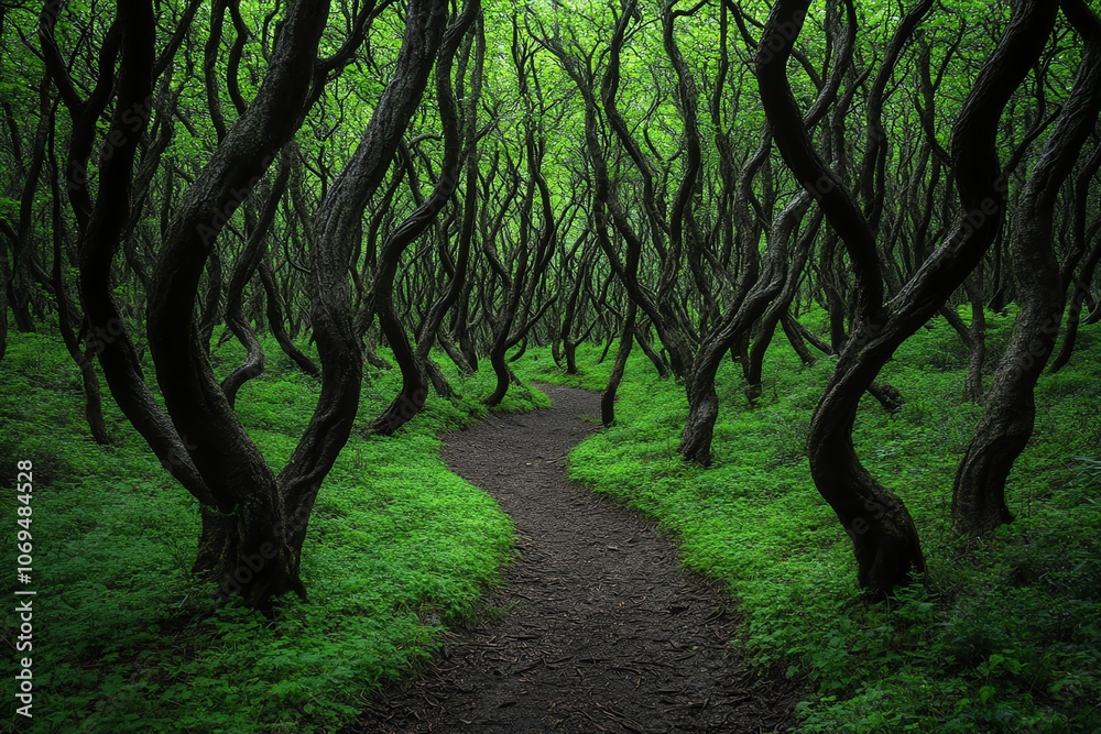 A winding path through a mystical forest filled with twisting trees and lush green foliage, inviting exploration and adventure. A winding path through a mystical forest filled with twisting trees and lush green foliage, inviting exploration and adventure.