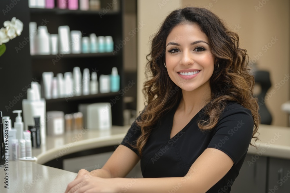 Cheerful diverse female receptionist at a beauty salon welcoming clients during a busy afternoon shift Cheerful diverse female receptionist at a beauty salon welcoming clients during a busy afternoon shift