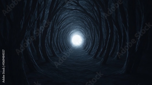 A mysterious dark tunnel surrounded by trees, leading to a bright, glowing light at the end, evoking feelings of wonder and curiosity.