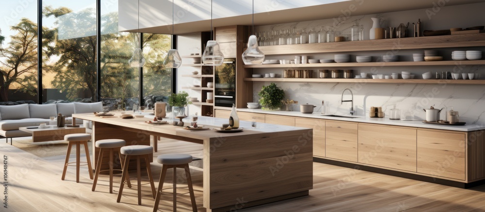 Modern kitchen with wooden cabinets, white countertop, and island with stools, overlooking a patio with trees and a couch. Modern kitchen with wooden cabinets, white countertop, and island with stools, overlooking a patio with trees and a couch.