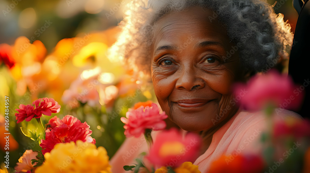 Smiling Senior Woman In A Flower Garden - Photo Smiling Senior Woman In A Flower Garden - Photo