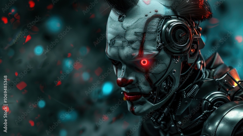 Clown in robot suit with red eyes on blurry background, AI generated image Clown in robot suit with red eyes on blurry background, AI generated image