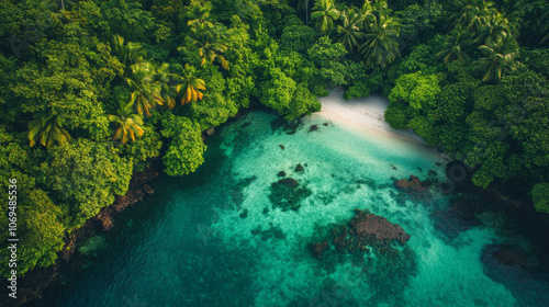 A serene view of a tropical sea with transparent, shallow waters that reveal pristine white sandbars and scattered marine life, bordered by dense, vibrant green island foliage.