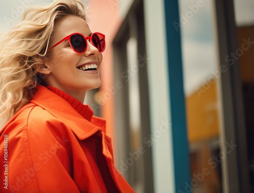 Cheerful woman in fashionable attire with yellow background and sunglasses.